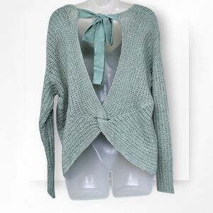 Elan Bow Back Sweater NWOT Open Back Light Green Crochet Knit V Neck Large